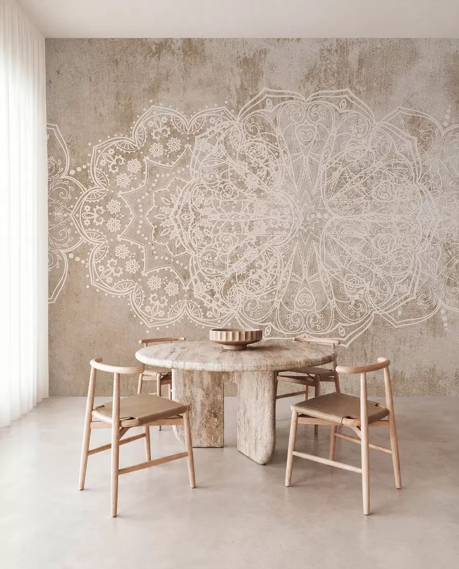 murais de parede Um padrão detalhado e intrincado de mandala de renda branca em um fundo de parede bege-marrom texturizado w08387v1