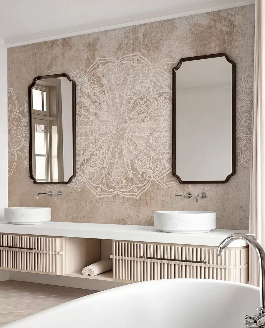 murais de parede Um padrão detalhado e intrincado de mandala de renda branca em um fundo de parede bege-marrom texturizado w08387v1