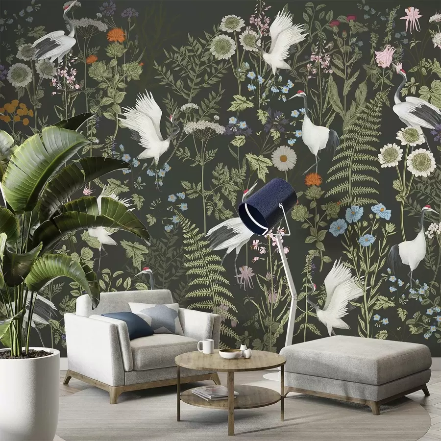 murais de parede Guindastes dançando entre flores vibrantes w00380v2