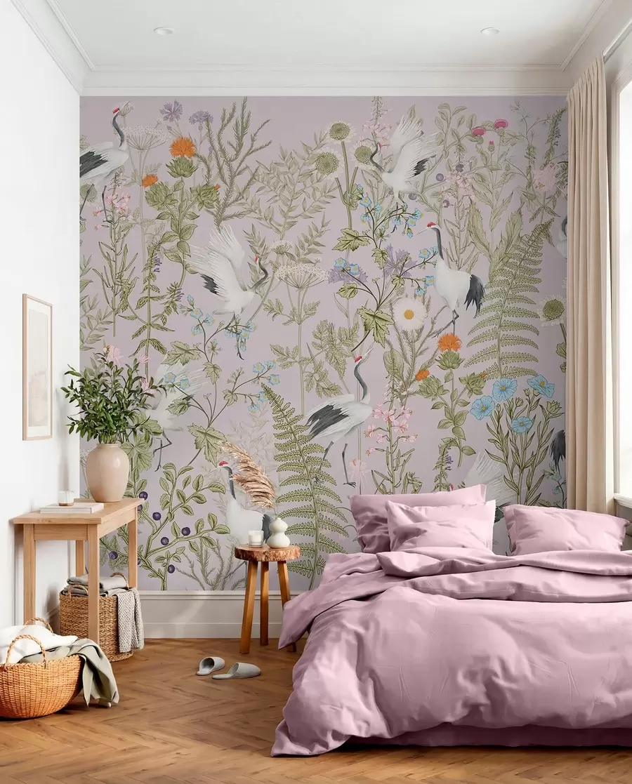 murais de parede Guindastes elegantes em meio a flores vibrantes w00380v3