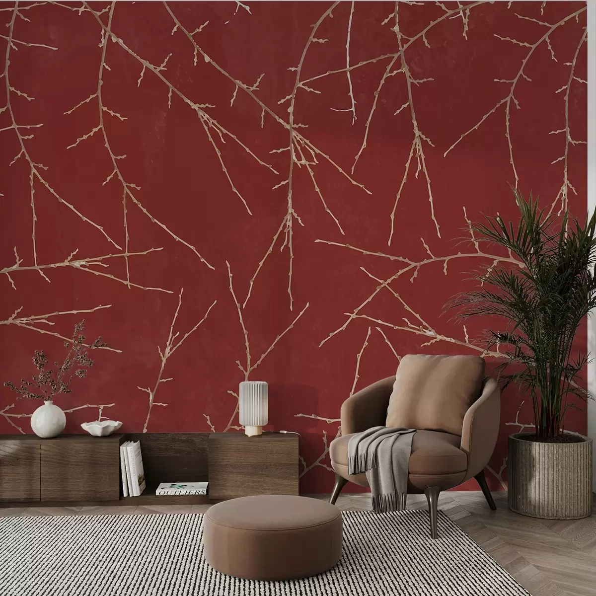 murais de parede Ramos abstratos em um fundo vermelho w00692v3