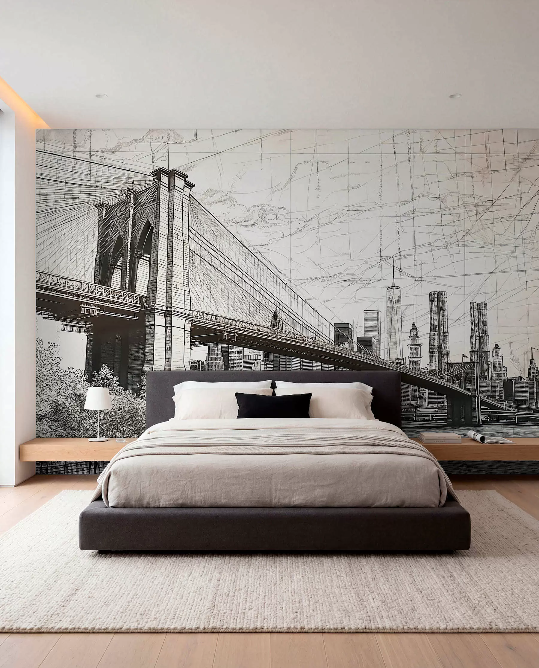 murais de parede Panorama da ponte do Brooklyn feito em uma técnica retrô de esboço com linhas e riscos w01961