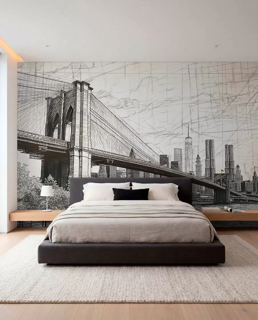 murais de parede Panorama da ponte do Brooklyn feito em uma técnica retrô de esboço com linhas e riscos w01961