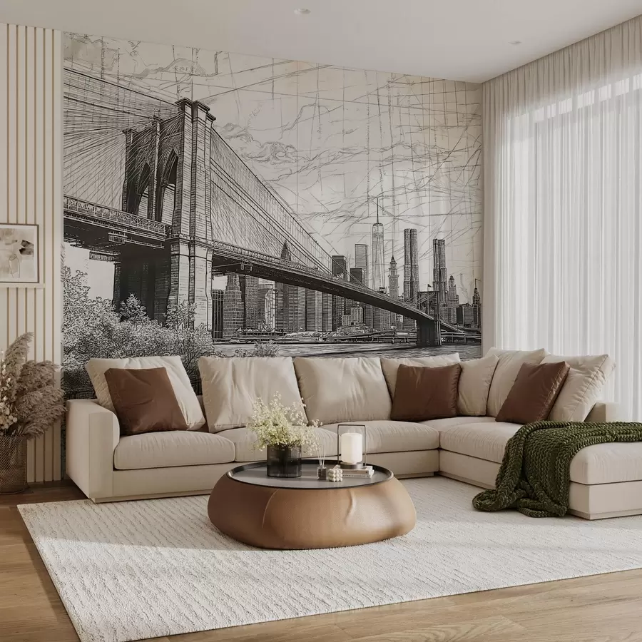 murais de parede Panorama da ponte do Brooklyn feito em uma técnica retrô de esboço com linhas e riscos w01961