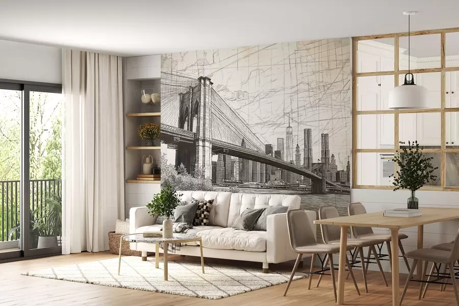 murais de parede Panorama da ponte do Brooklyn feito em uma técnica retrô de esboço com linhas e riscos w01961