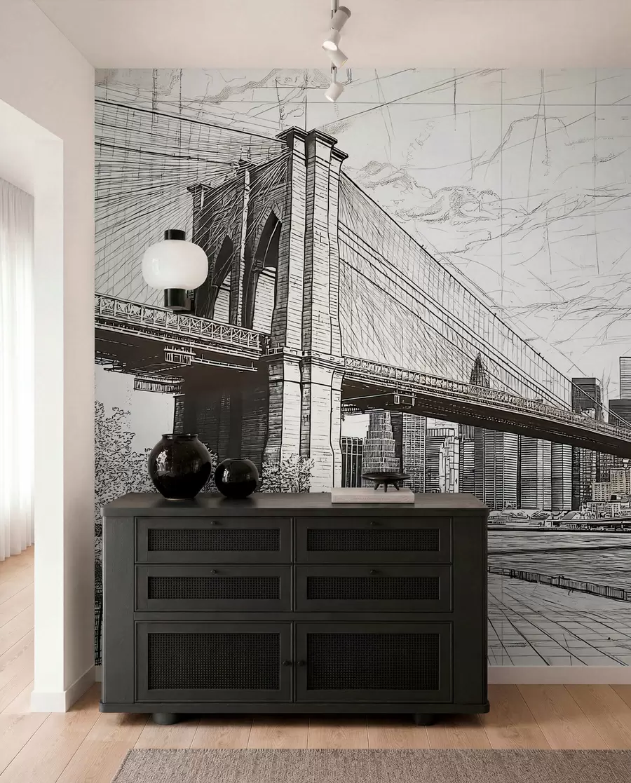 murais de parede Panorama da ponte do Brooklyn feito em uma técnica retrô de esboço com linhas e riscos w01961