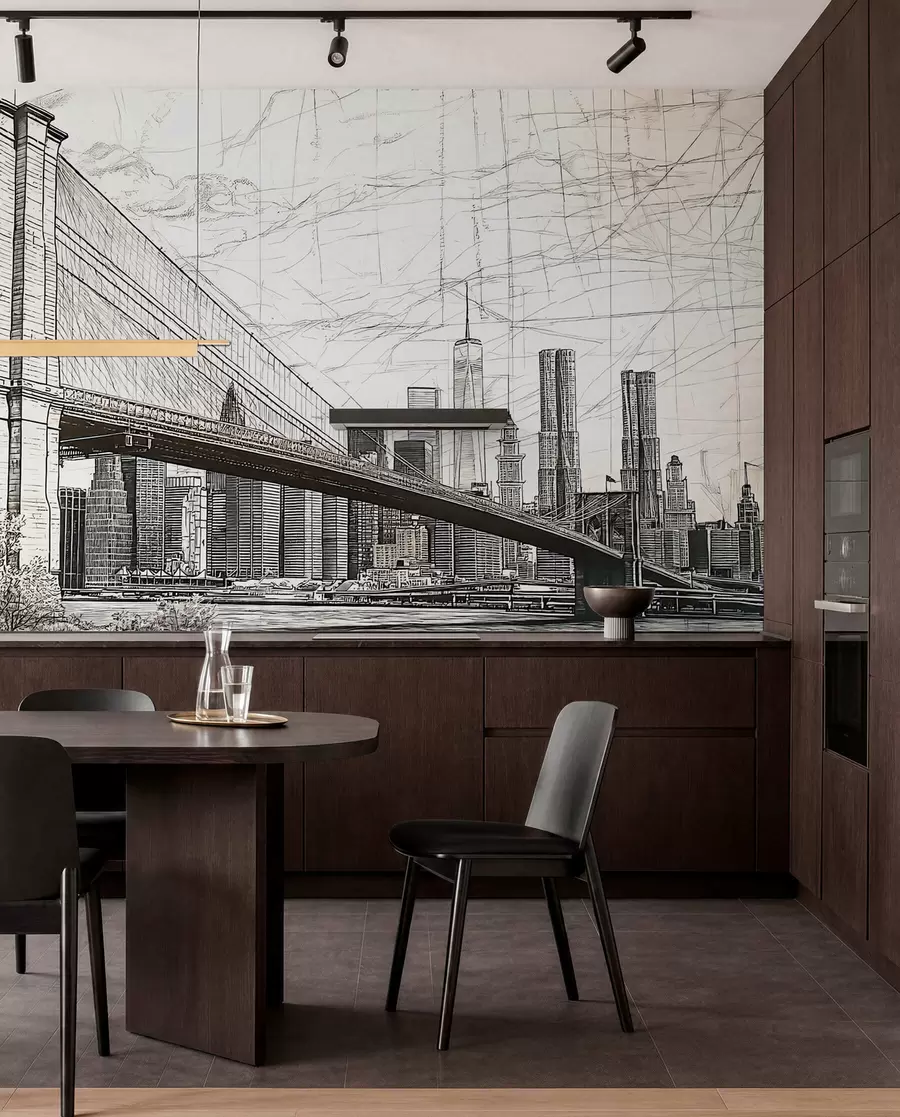 murais de parede Panorama da ponte do Brooklyn feito em uma técnica retrô de esboço com linhas e riscos w01961