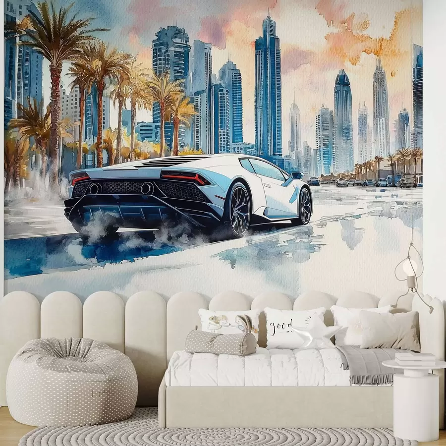 murais de parede Um carro esportivo moderno branco correndo contra o fundo de palmeiras e arranha-céus em técnica de aquarela livre w01963