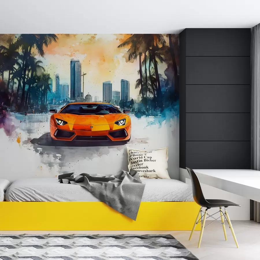 murais de parede Carro esportivo moderno e brilhante sobre o fundo de palmeiras e arranha-céus em técnica de aquarela a la prima w01964