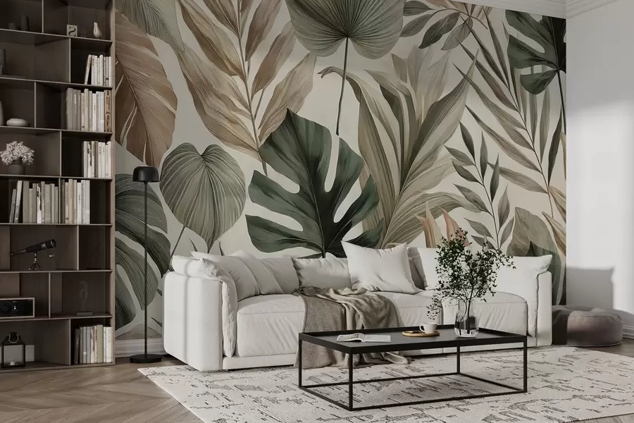 murais de parede Grandes folhas tropicais em tons pastéis delicados e discretos w02082