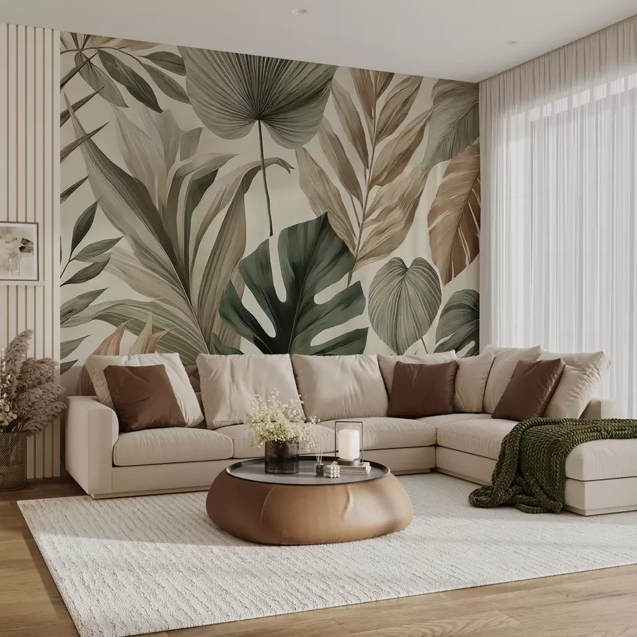 murais de parede Grandes folhas tropicais em tons pastéis delicados e discretos w02082