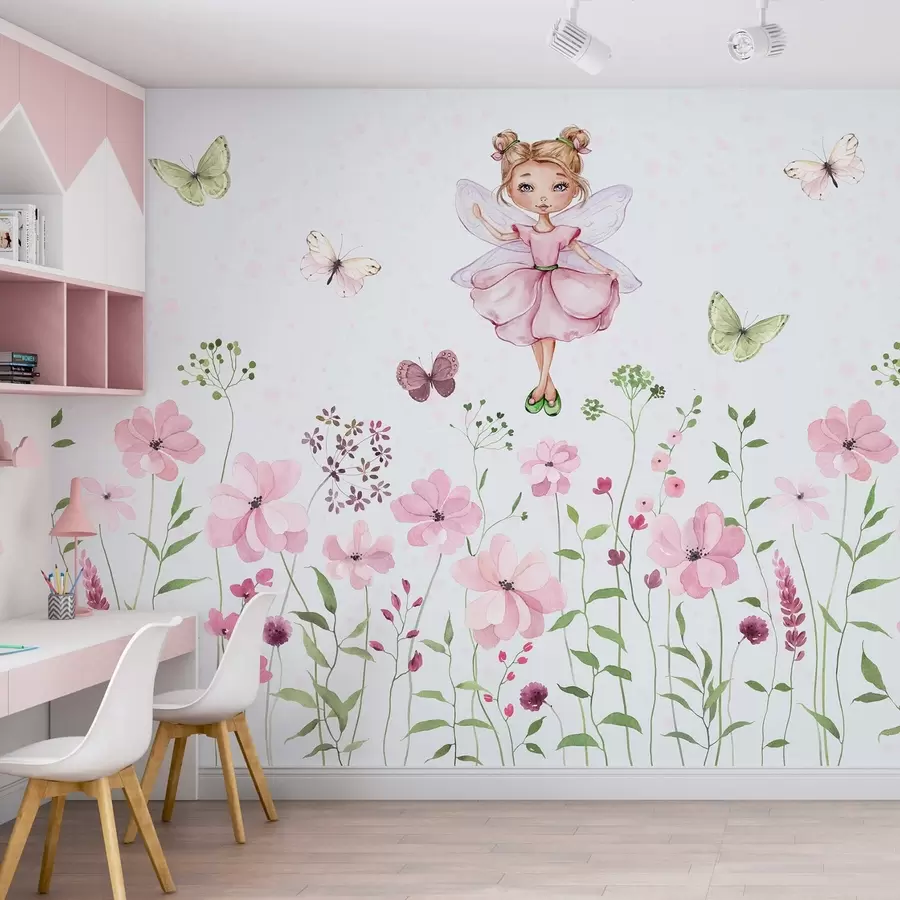 murais de parede Uma fada entre flores e borboletas w01460