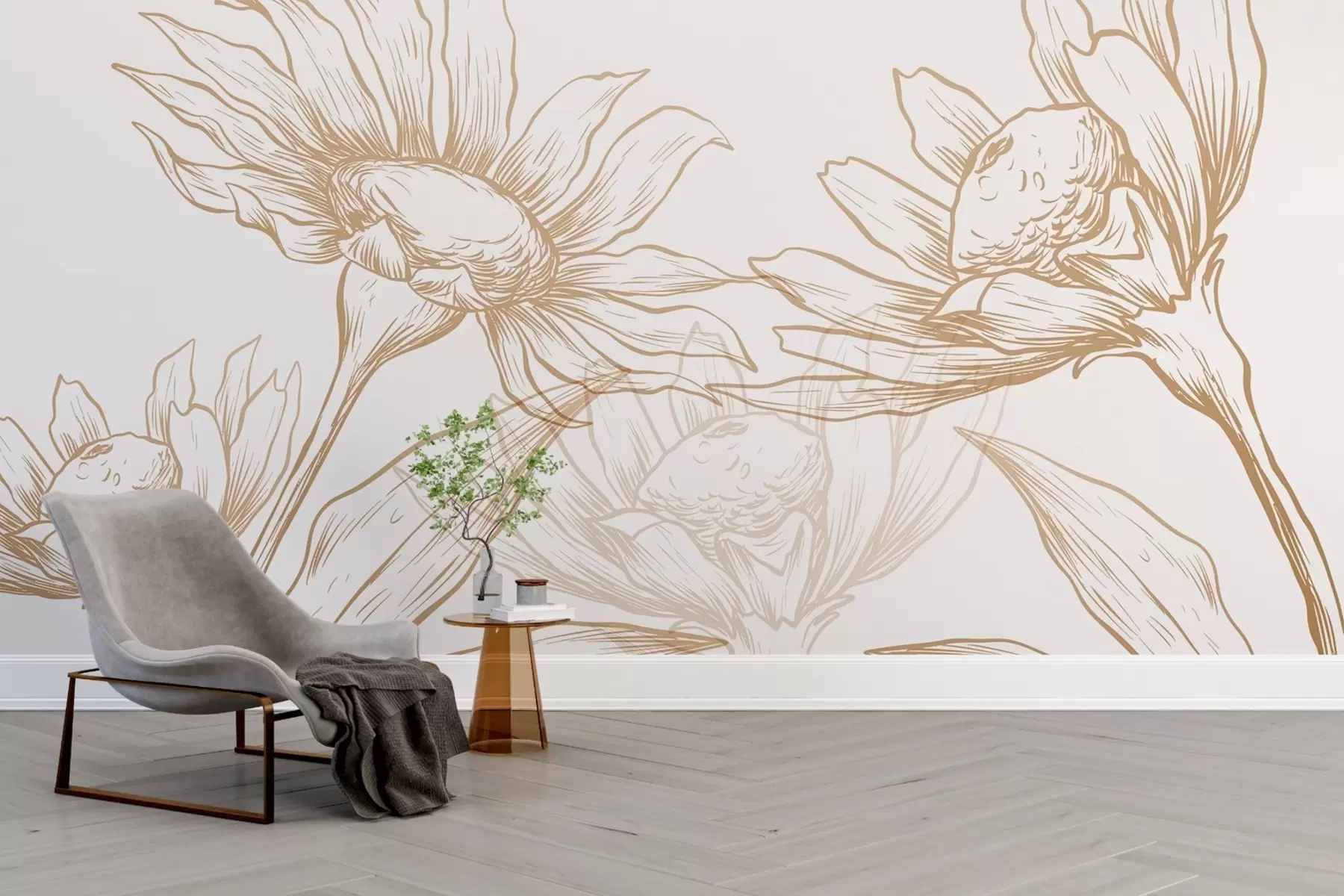 murais de parede Flores grandes de crisântemo, em linhas, em tons de marrom e amarelo w02099v1