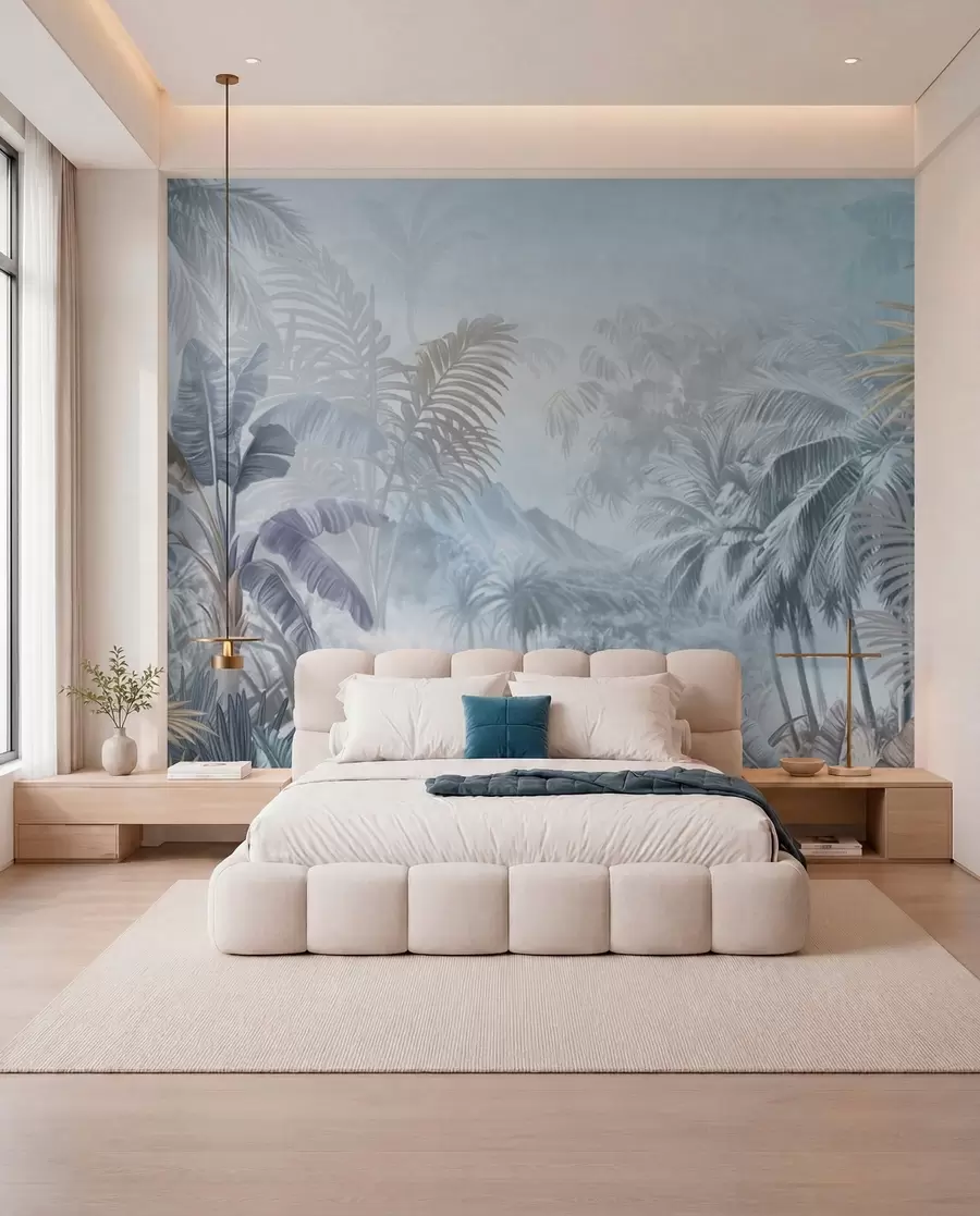 murais de parede Floresta tropical em tons suaves de azul w01931