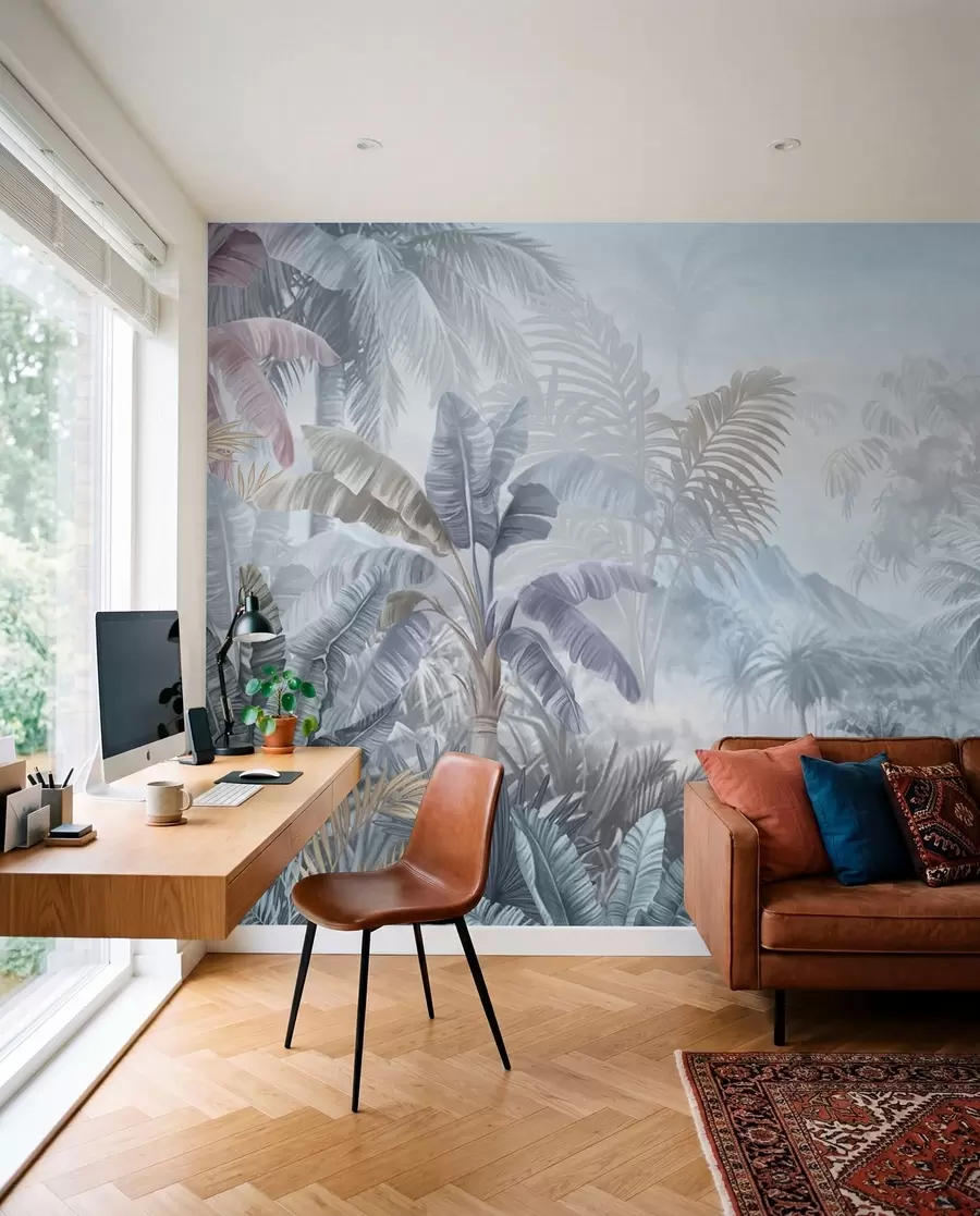 murais de parede Floresta tropical em tons suaves de azul w01931