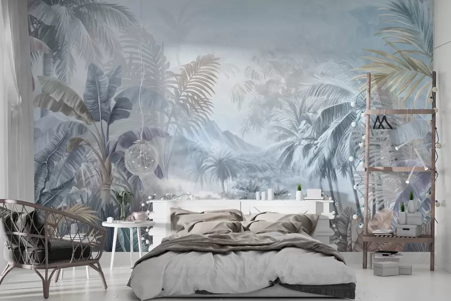 murais de parede Floresta tropical em tons suaves de azul w01931