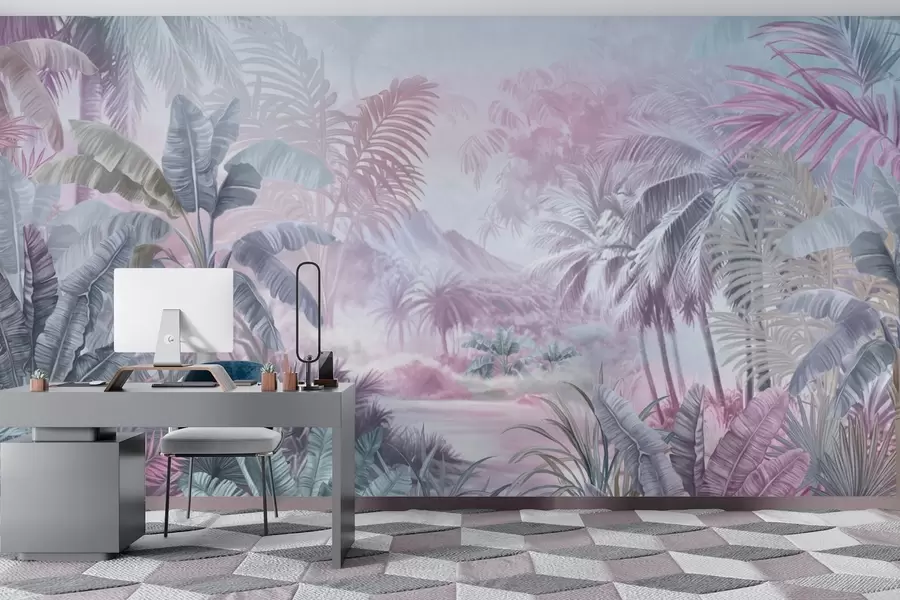 murais de parede Floresta tropical em tons suaves de azul e rosa w01931v2