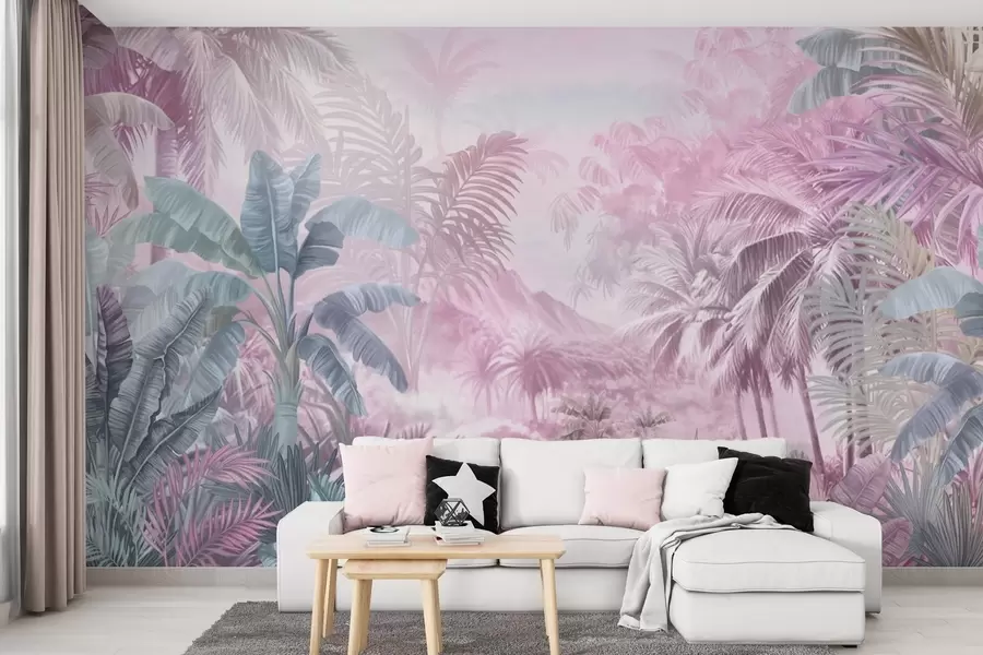 murais de parede Floresta tropical em tons suaves de rosa w01931v3