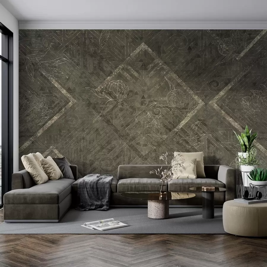 murais de parede Textura grunge com padrões florais na cor amarela w02079