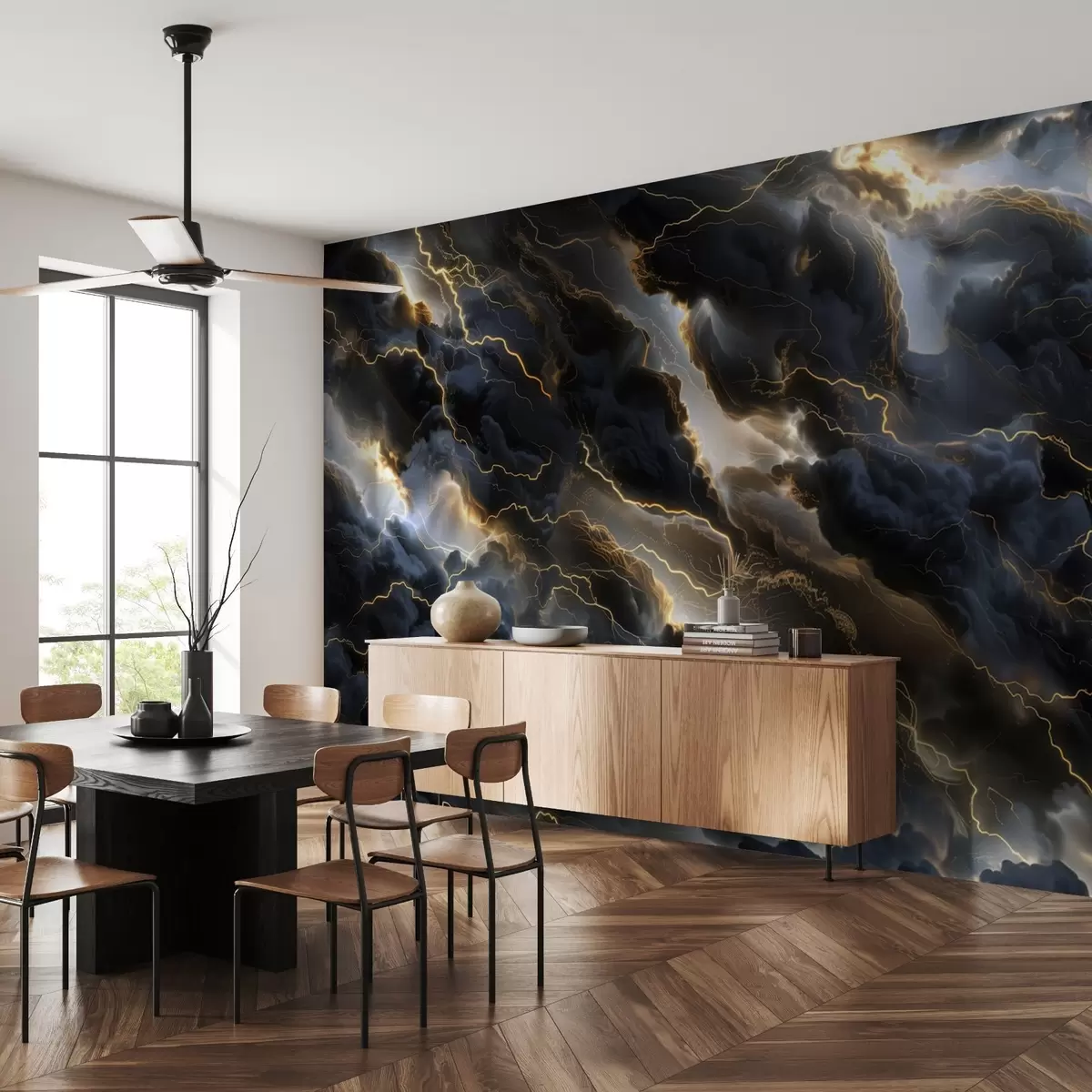 murais de parede Nuvens negras com relâmpagos que parecem mármore w01936