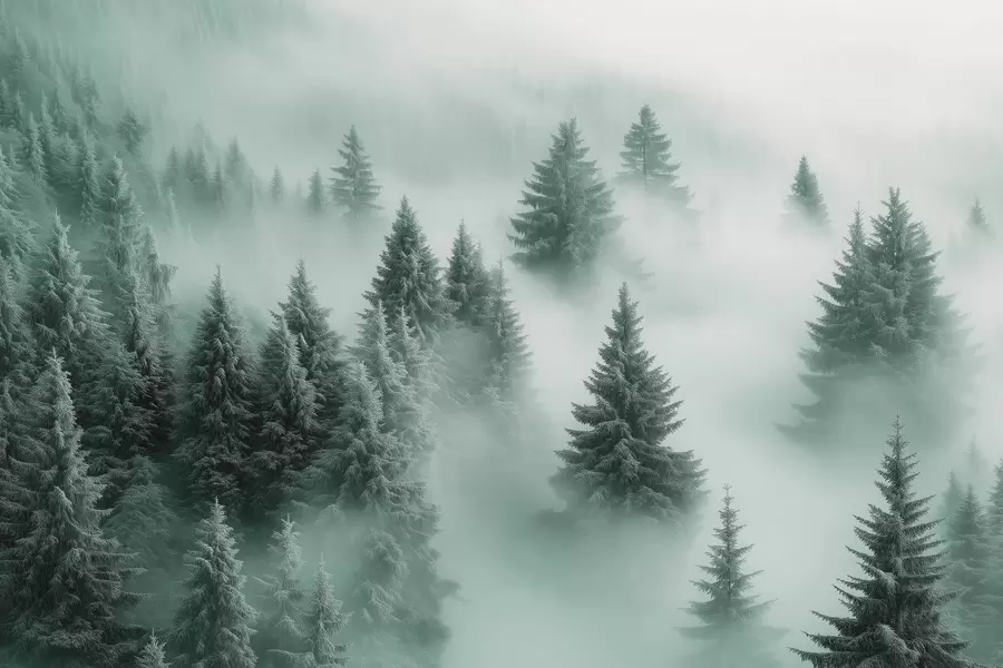 murais de parede Neblina espessa envolvendo uma floresta de neve matinal em tons de verde w02064v1