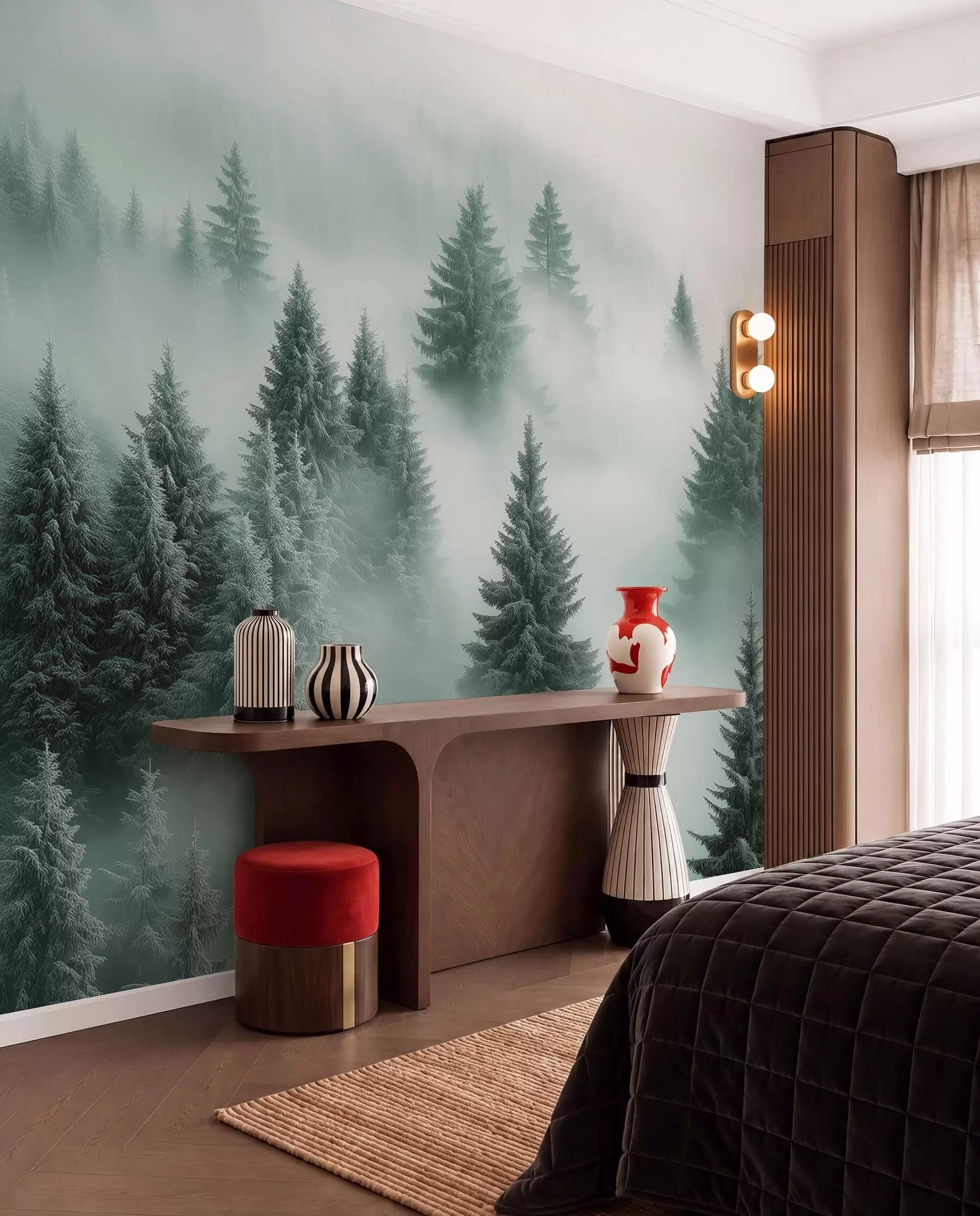 murais de parede Neblina espessa envolvendo uma floresta de neve matinal em tons de verde w02064v1