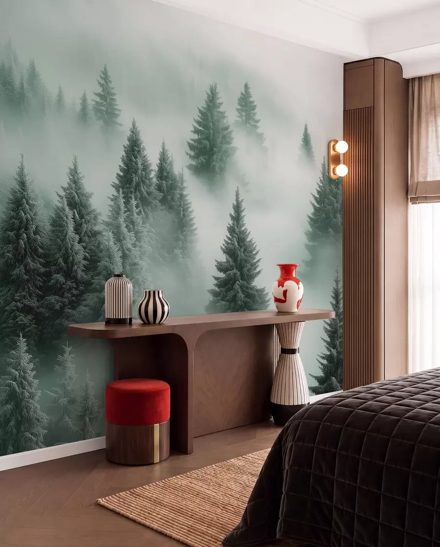 murais de parede Neblina espessa envolvendo uma floresta de neve matinal em tons de verde w02064v1
