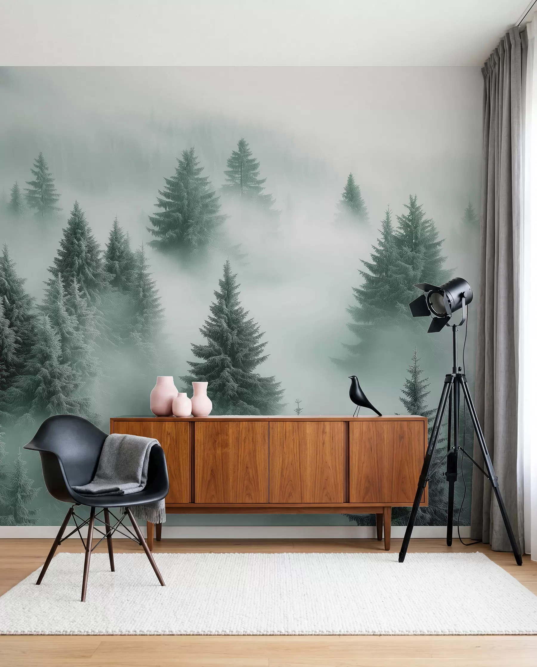 murais de parede Neblina espessa envolvendo uma floresta de neve matinal em tons de verde w02064v1