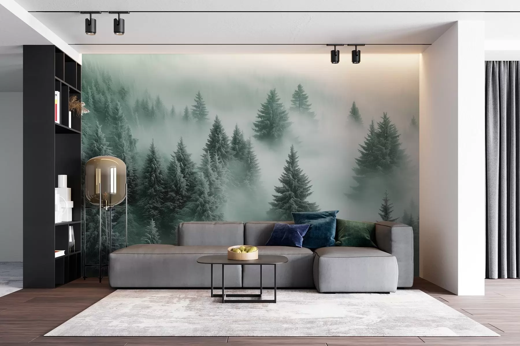 murais de parede Neblina espessa envolvendo uma floresta de neve matinal em tons de verde w02064v1