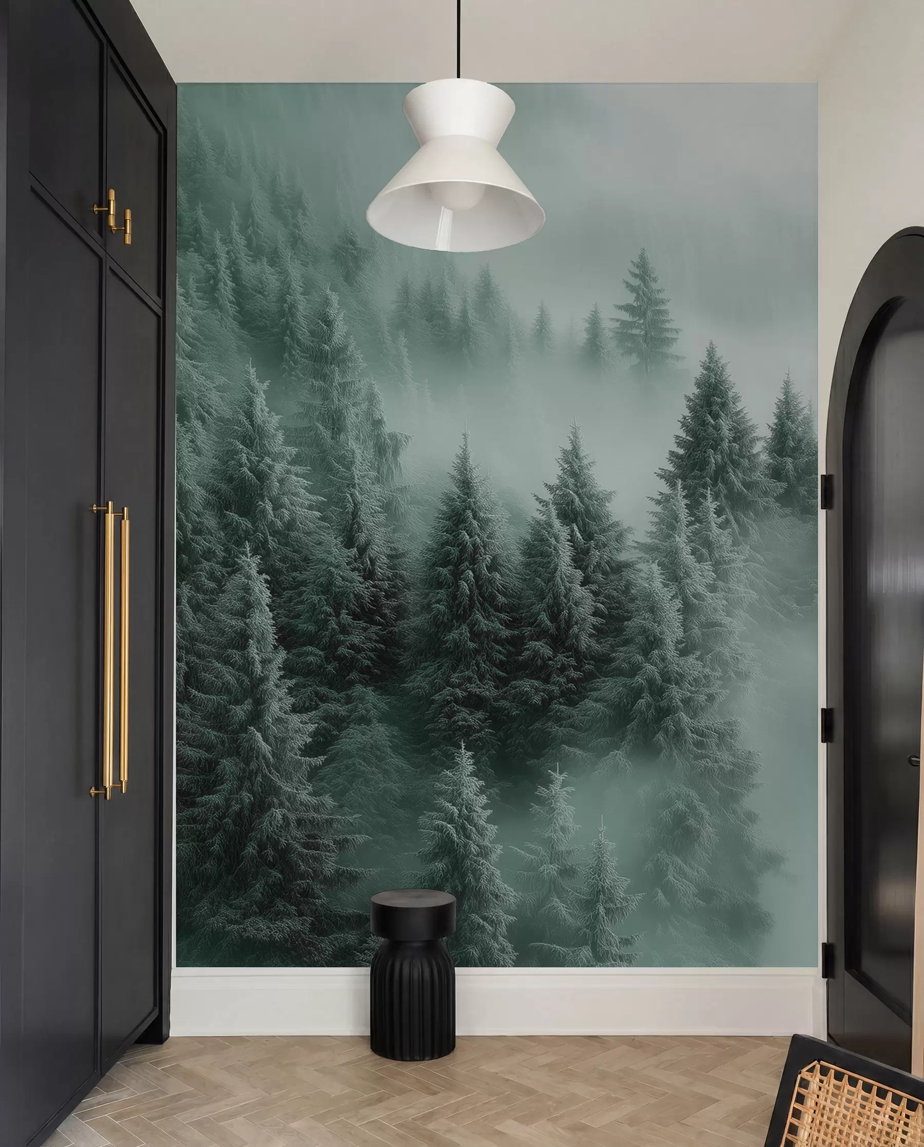 murais de parede Neblina espessa envolvendo uma floresta de neve matinal em tons de verde w02064v1