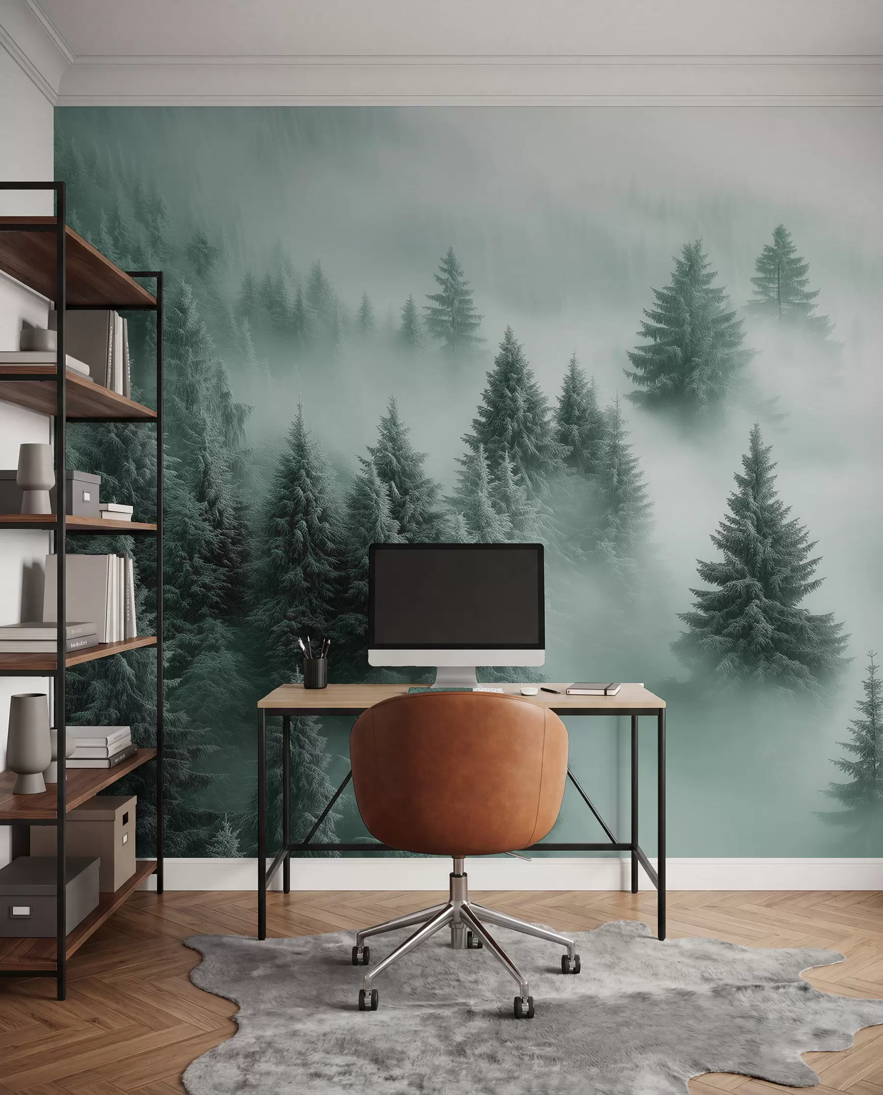 murais de parede Neblina espessa envolvendo uma floresta de neve matinal em tons de verde w02064v1