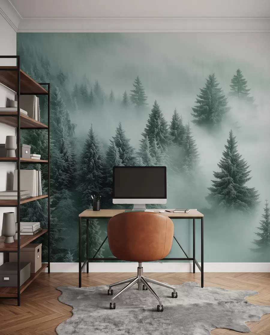 murais de parede Neblina espessa envolvendo uma floresta de neve matinal em tons de verde w02064v1