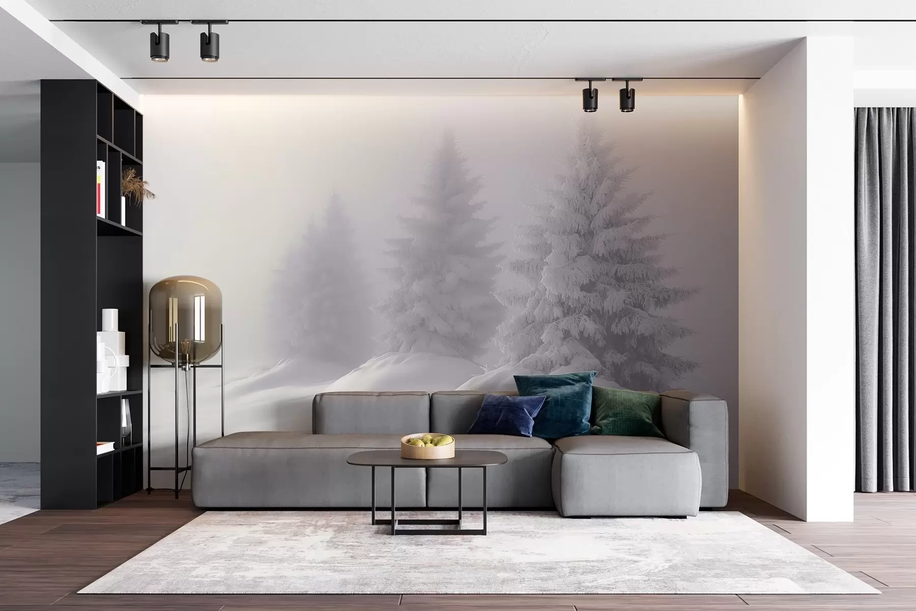 murais de parede Abetos cobertos de neve na solidão de uma manhã de neblina w02065