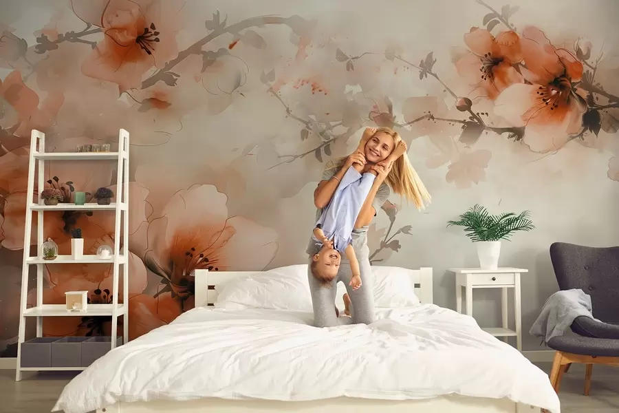 murais de parede Composição em aquarela de flores em tons quentes de pêssego e laranja w02068