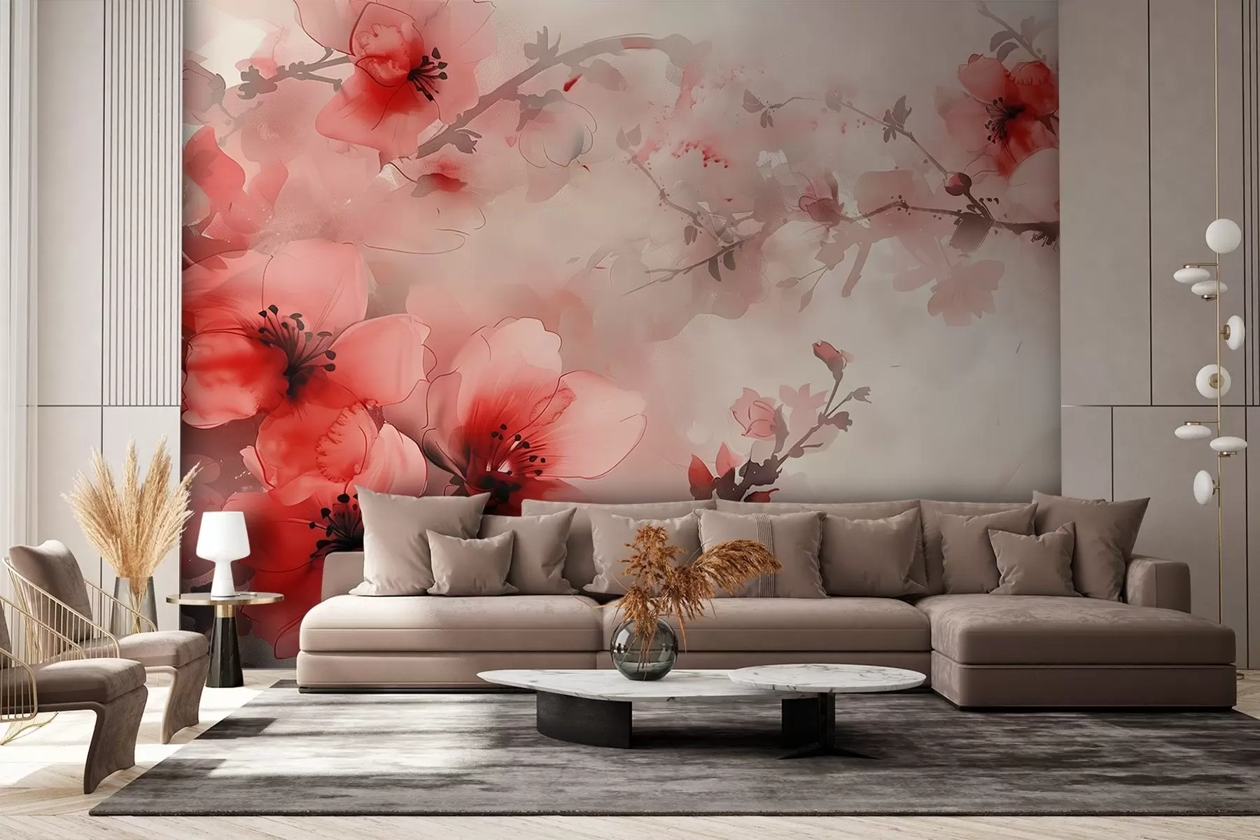 murais de parede Composição em aquarela de flores vermelhas em galhos escuros w02068v2