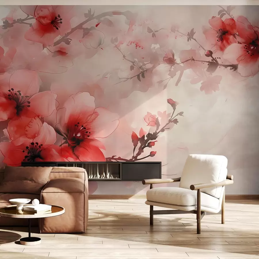 murais de parede Composição em aquarela de flores vermelhas em galhos escuros w02068v2