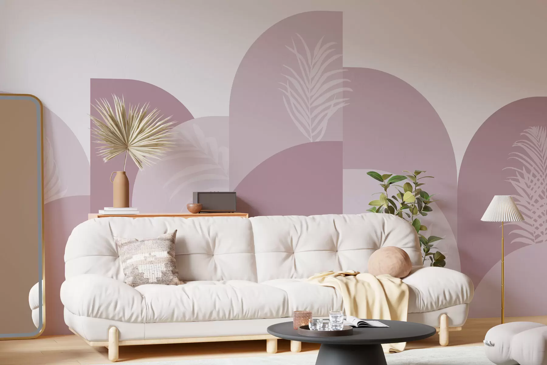 murais de parede Arcos modernos com folhas tropicais na cor rosa w02101v4