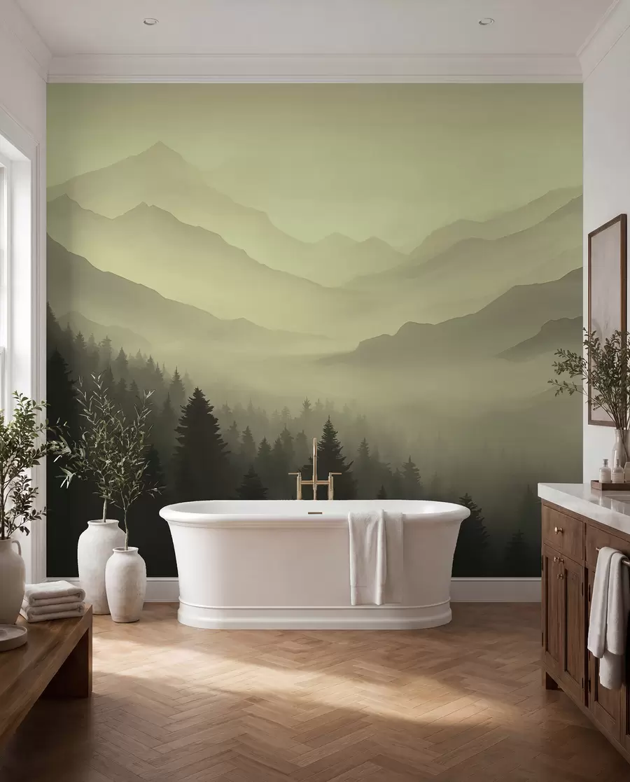 murais de parede Floresta e montanhas em tons de verde w02186v1