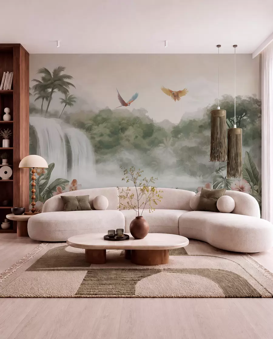murais de parede Paisagem tropical com cachoeira, lagoa, flores e pássaros w02127