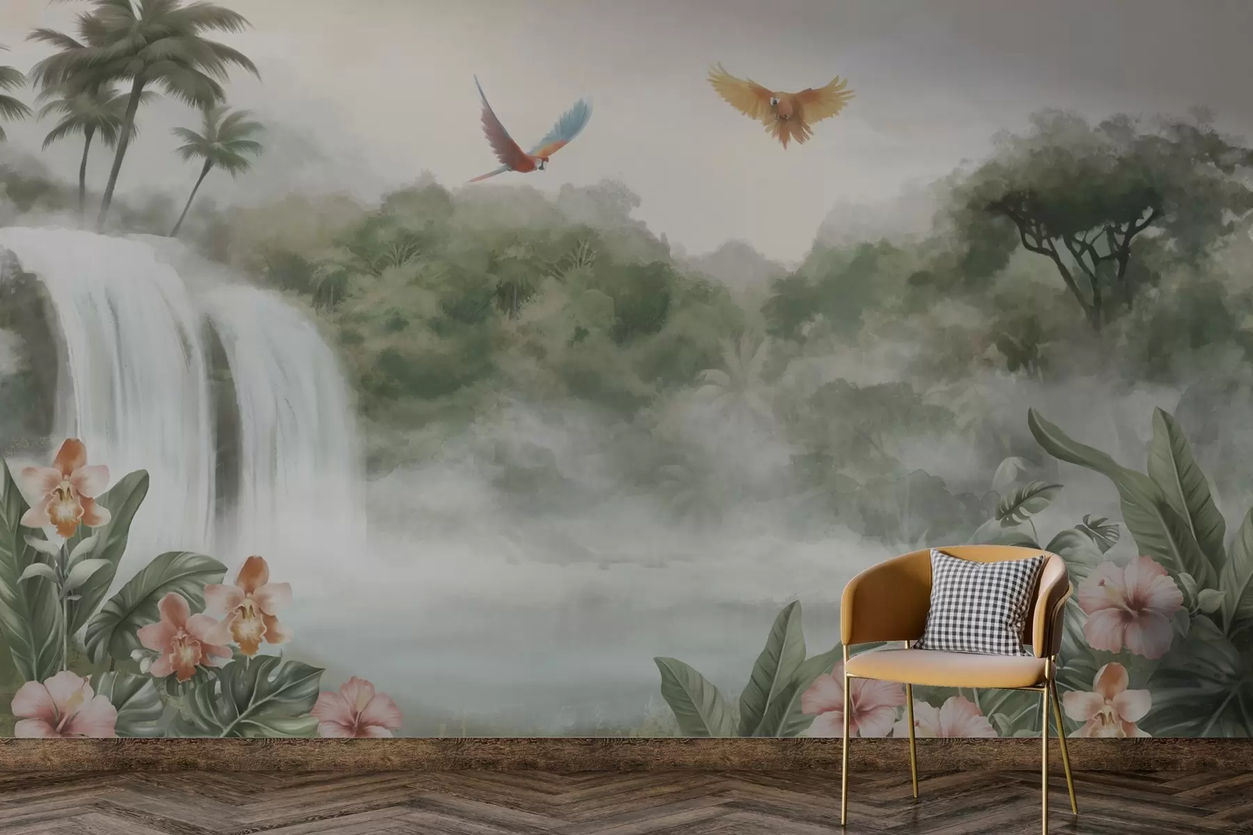 murais de parede Paisagem tropical com cachoeira, lagoa, flores e pássaros w02127