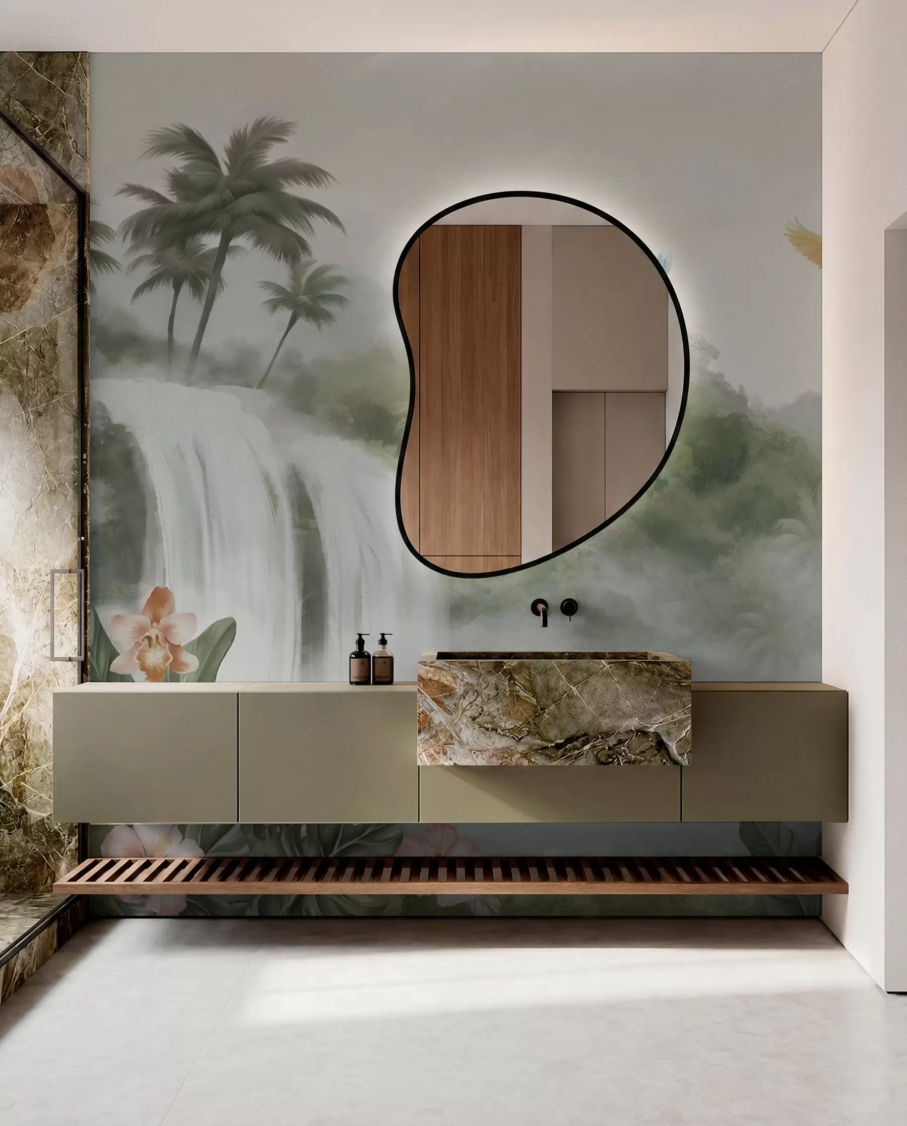 murais de parede Paisagem tropical com cachoeira, lagoa, flores e pássaros w02127