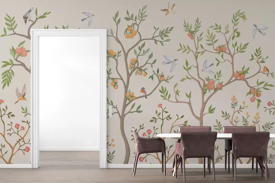 murais de parede Design Chinoiserie com pássaros, árvores sinuosas, frutas e flores w02128