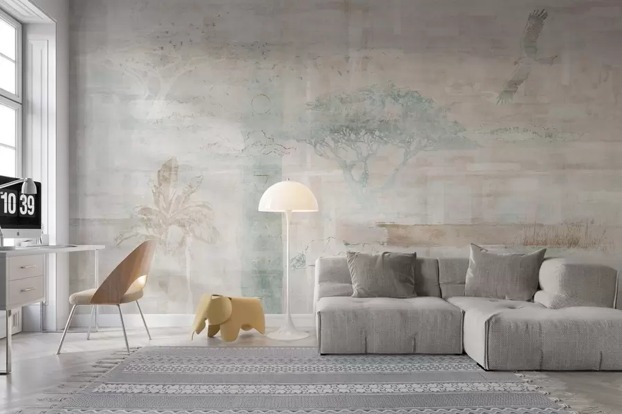 murais de parede Design com efeito grunge vintage com árvores, águia e elementos geométricos w02130