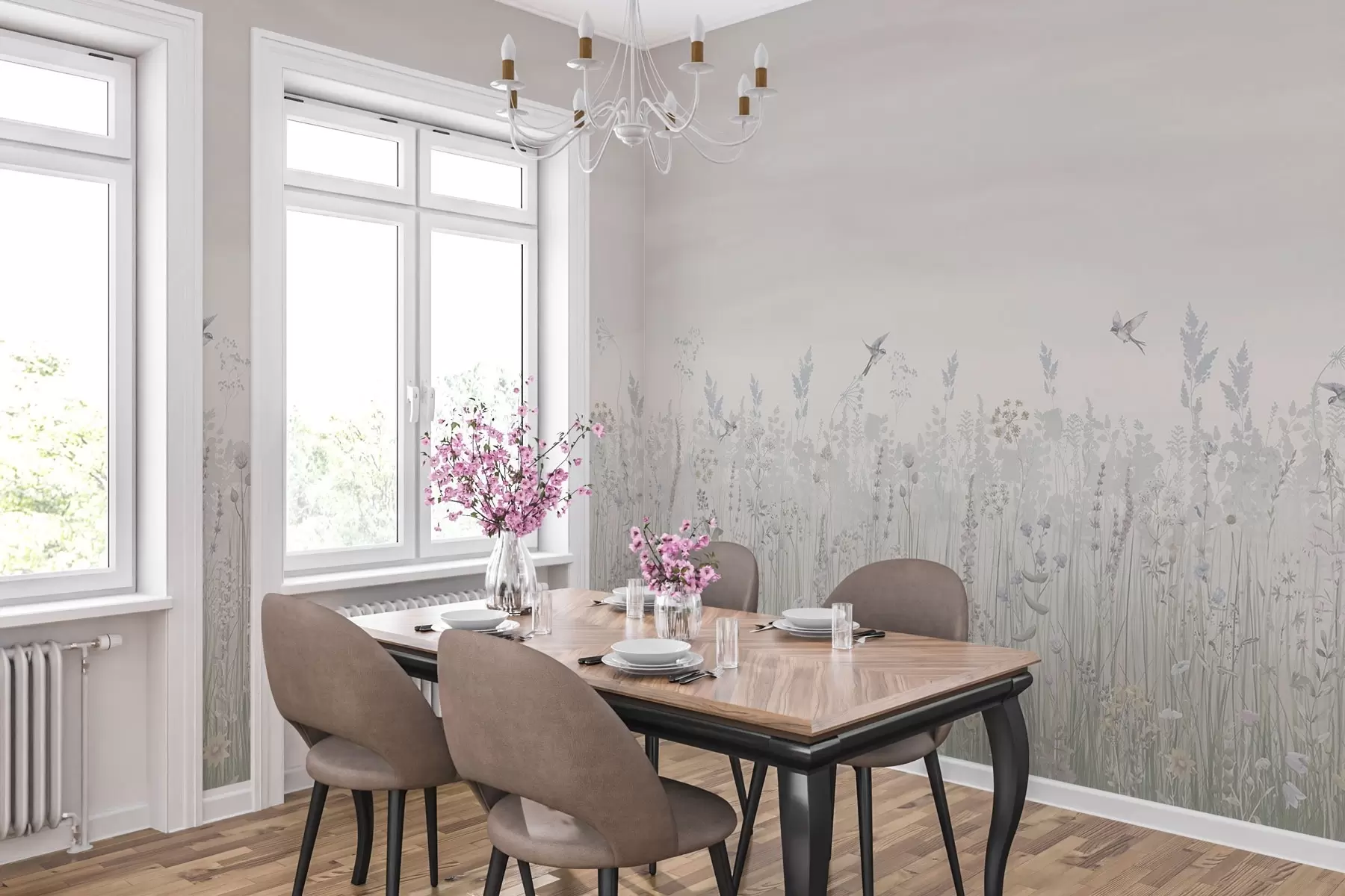 murais de parede Flores silvestres vintage e céu gradiente em tons pastéis w02192