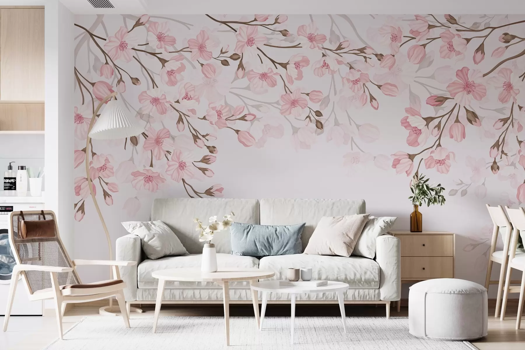 murais de parede ramos floridos rosa em um fundo rosa w02200