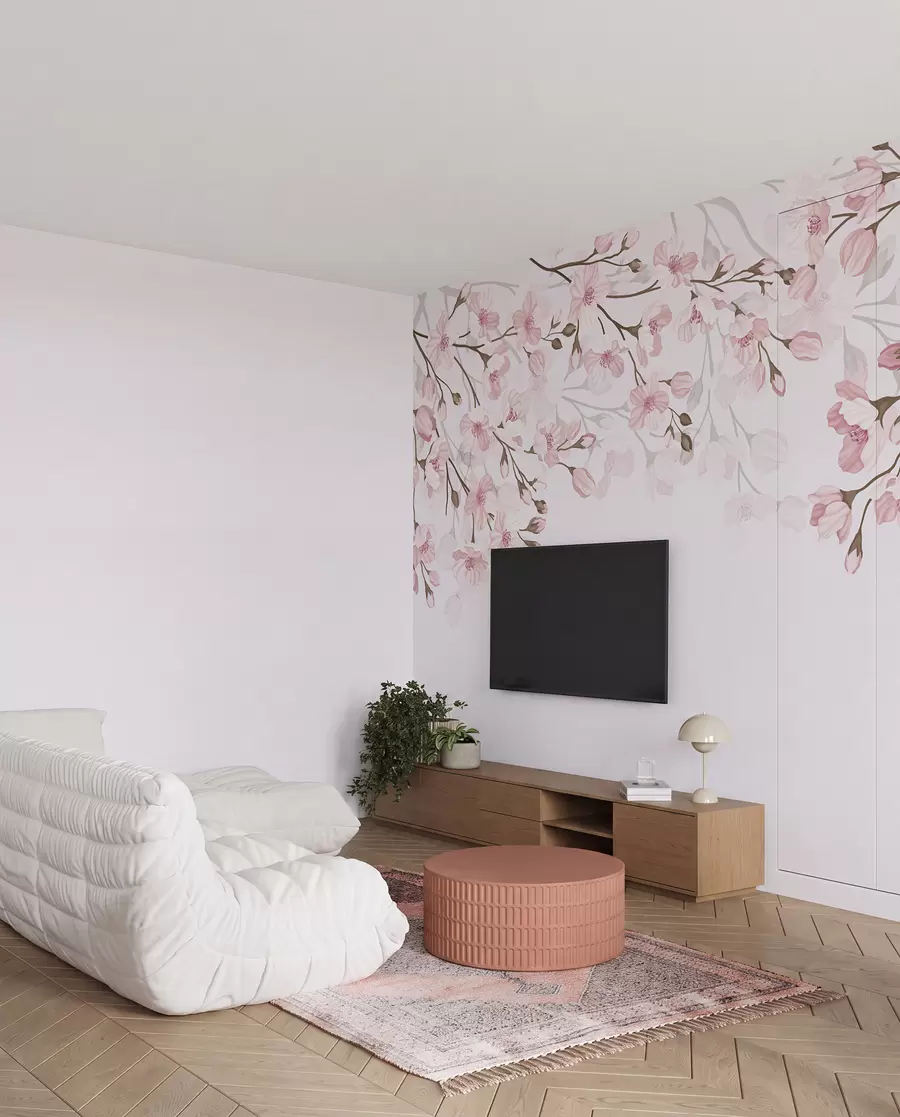 murais de parede ramos floridos rosa em um fundo rosa w02200