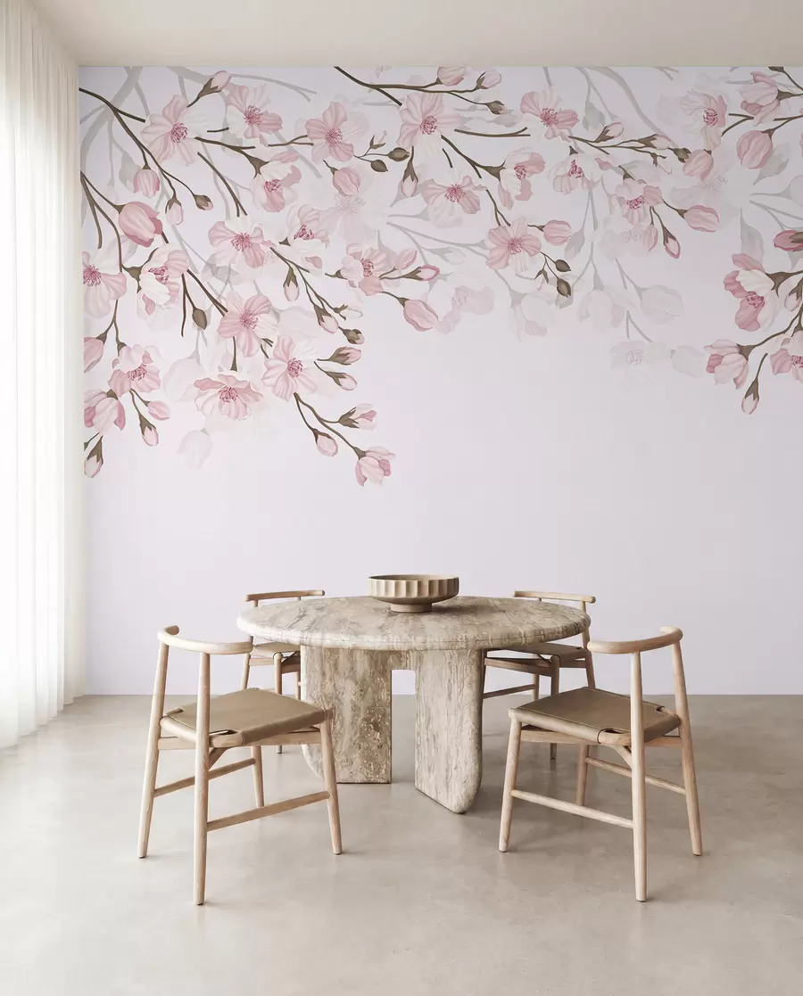 murais de parede ramos floridos rosa em um fundo rosa w02200