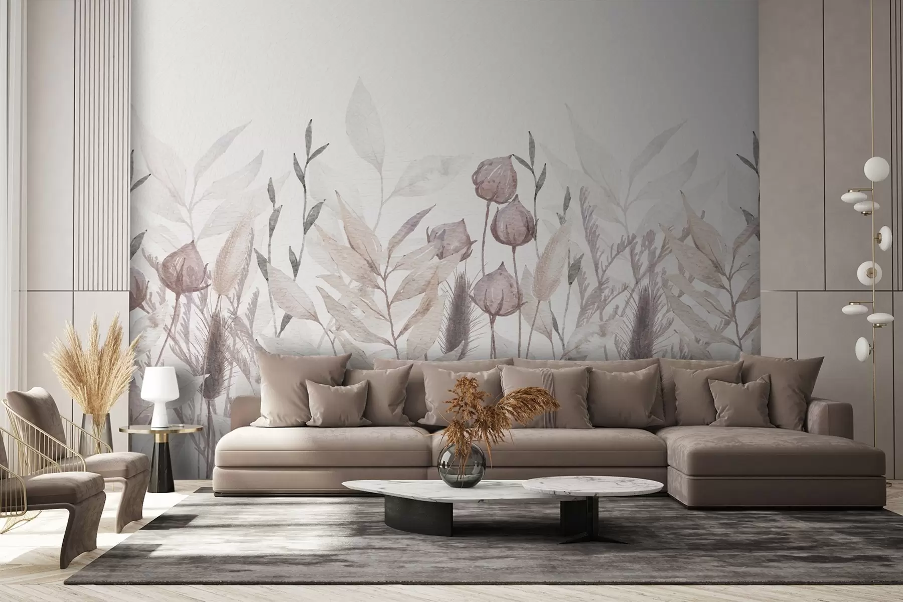 murais de parede espiguetas e plantas silvestres em tons de bege w02203