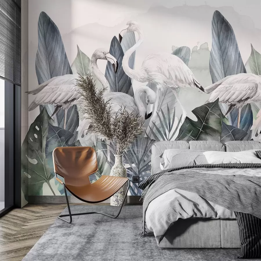 murais de parede Flamingos elegantes em meio a uma folhagem exuberante w00505v2