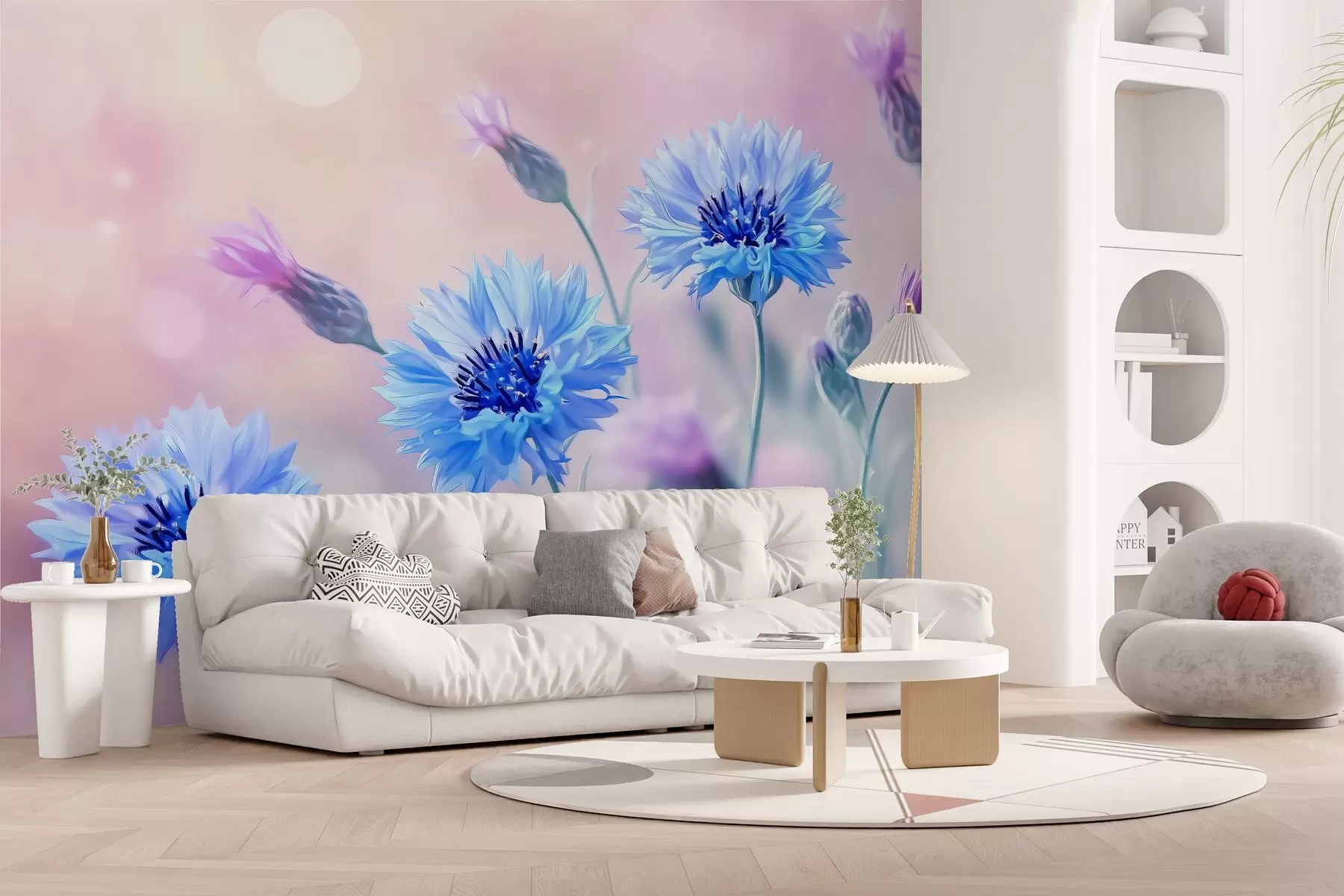 murais de parede Grandes flores de centáurea em um fundo rosa claro w02124